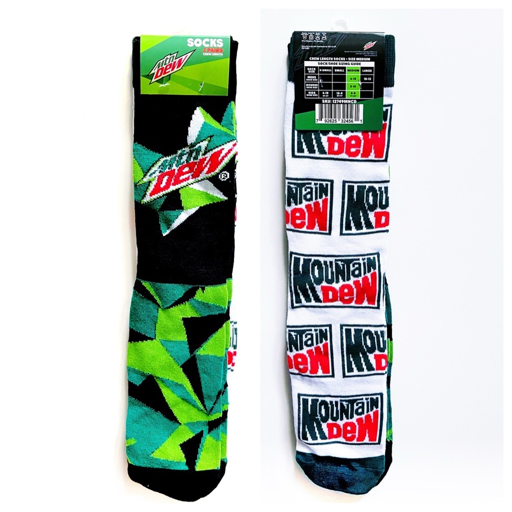 Mountain Dew Crew Socks Mens Womens Soda Logo Geometric Pattern Black Green